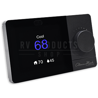 Front view of thermostat, featuring digital screen and control knob. Screen output is simulated.