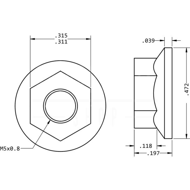 Drawing of nut with measurements. 