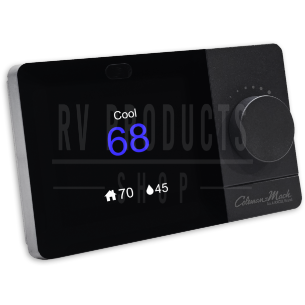 Front view of thermostat, featuring digital screen and control knob. Screen output is simulated.